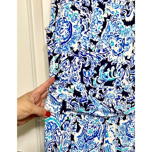 Cynthia Rowley Stretchy Fabric Sleeveless Blue & White Abstract Print Midi Dress - Picture 3 of 8